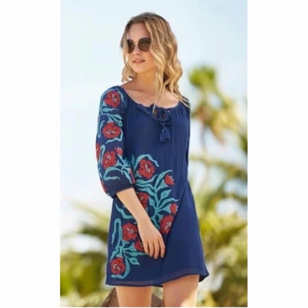 Trina Turk crinkle gauze royal blue with embroidery boho dress size 8